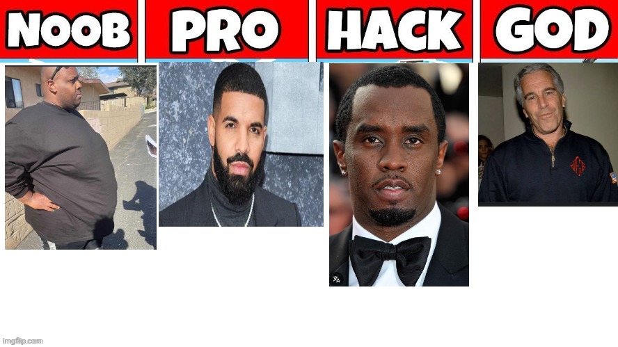 Iykyk | image tagged in noob pro hacker god,pedophile,p diddy,drake,jeffrey epstein | made w/ Imgflip meme maker