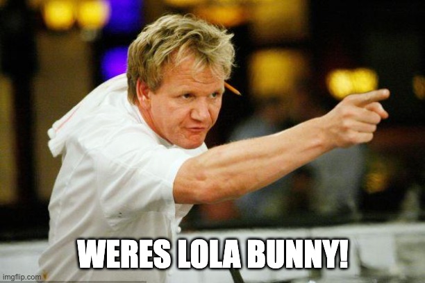 Chef Gordon Ramsay Angry Pointing | weres lola bunny! | image tagged in chef gordon ramsay angry pointing | made w/ Imgflip meme maker