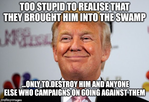 Going....going....gone | Too stupid to realise that they brought him into the swamp; ...only to.destroy him and anyone else who campaigns on going against them | image tagged in donald trump approves | made w/ Imgflip meme maker