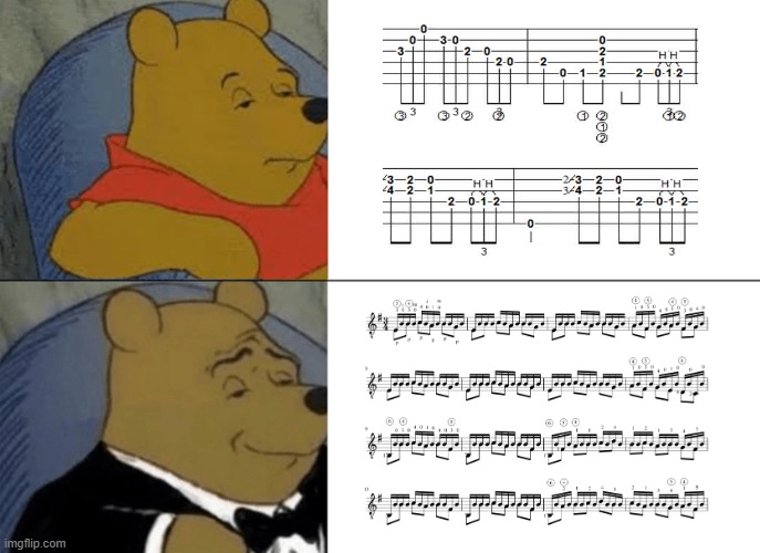 Guitar tabs vs sheet music | image tagged in memes,tuxedo winnie the pooh,music,guitar | made w/ Imgflip meme maker