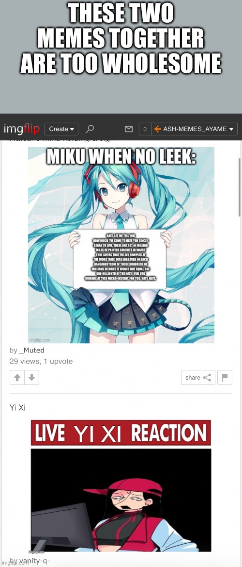 Caught on 4k | These two memes together are too wholesome | image tagged in miku,yixi | made w/ Imgflip meme maker