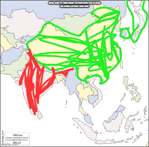 First mapping meme | Green: what ppl think where I am from when I say I'm asian
Red: where I actually came from | image tagged in asia map | made w/ Imgflip meme maker