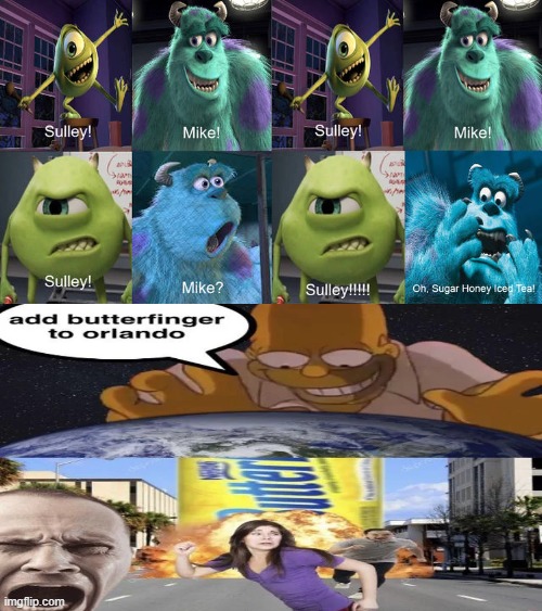 AGAIN? | image tagged in who laughs at sulley saying sugar honey iced tea | made w/ Imgflip meme maker
