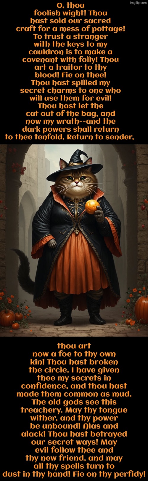 Fie On Thy Perfidy | O, thou foolish wight! Thou hast sold our sacred craft for a mess of pottage! To trust a stranger with the keys to my cauldron is to make a covenant with folly! Thou art a traitor to thy blood! Fie on thee! Thou hast spilled my secret charms to one who will use them for evil! Thou hast let the cat out of the bag, and now my wrath--and the dark powers shall return to thee tenfold. Return to sender, thou art now a foe to thy own kin! Thou hast broken the circle. I have given thee my secrets in confidence, and thou hast made them common as mud. The old gods see this treachery. May thy tongue wither, and thy power be unbound! Alas and alack! Thou hast betrayed our secret ways! May evil follow thee and thy new friend, and may all thy spells turn to dust in thy hand! Fie on thy perfidy! | image tagged in cats,medieval memes,witches,betrayed,cursed,funny cats | made w/ Imgflip meme maker