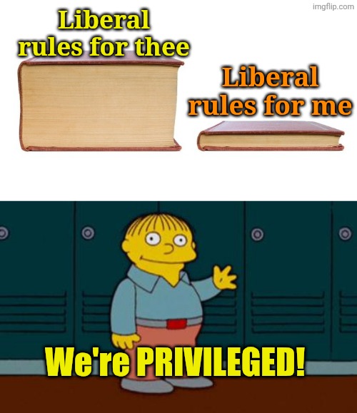 Why Libtards crave power. | Liberal rules for thee; Liberal rules for me; We're PRIVILEGED! | image tagged in 2 books,ralph wiggum | made w/ Imgflip meme maker