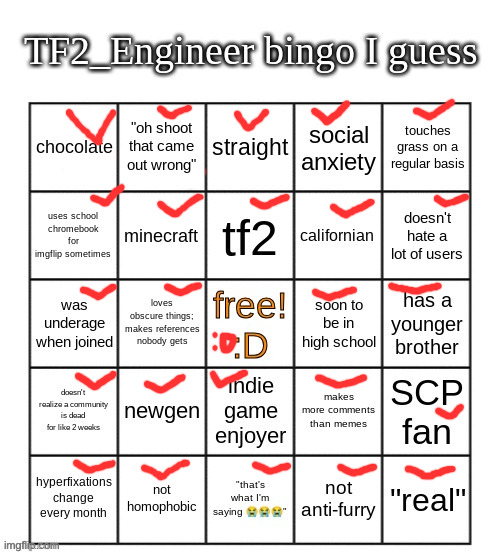 i might be an engi ? (can send image proof in comments) | image tagged in tf2_engineer's bingo,tf2,help | made w/ Imgflip meme maker