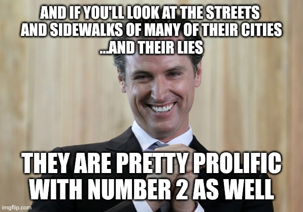 And if you'll look at the streets 
and sidewalks of many of their cities
...and their lies They are pretty prolific with number 2 as well | image tagged in scheming gavin newsom | made w/ Imgflip meme maker