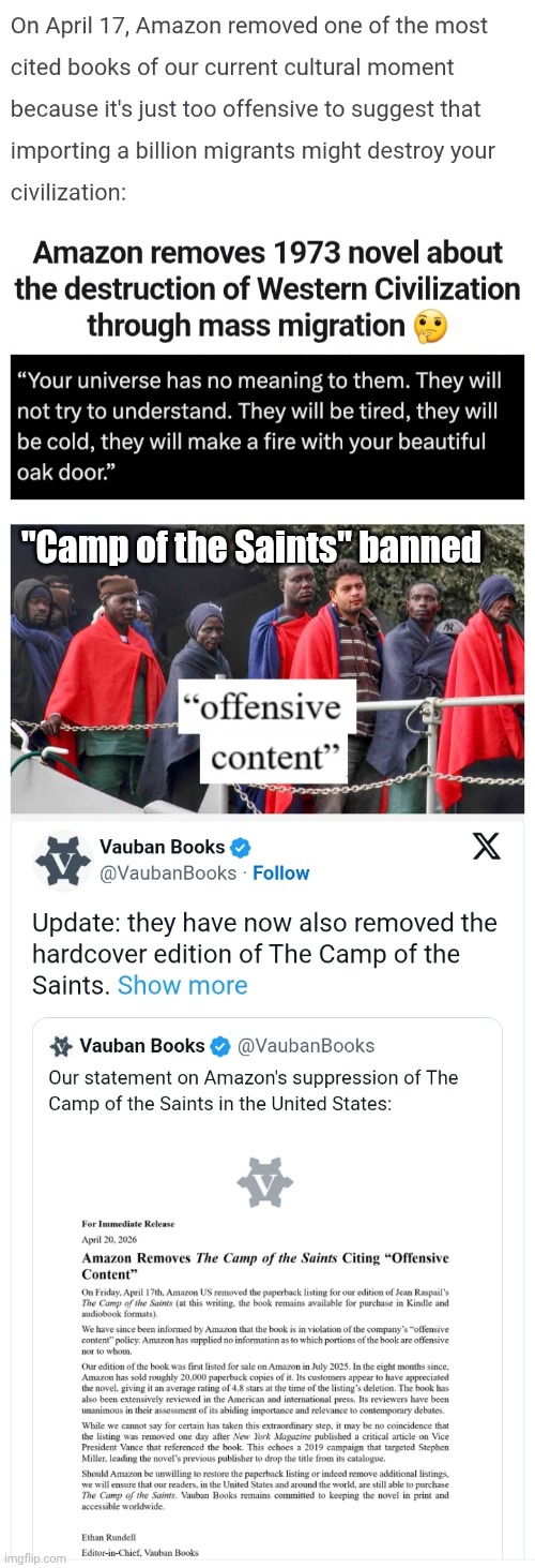 Camp of the Saints banned as its too realistic | "Camp of the Saints" banned | image tagged in amazon,banned,book | made w/ Imgflip meme maker