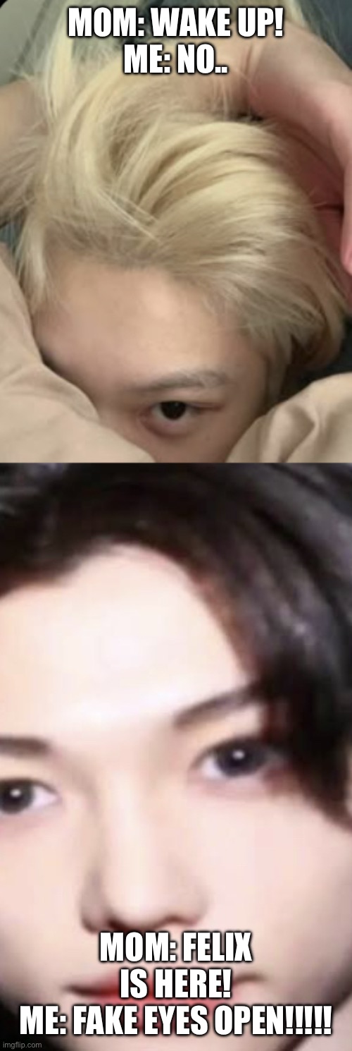 Skz felix | Mom: wake up!
Me: no.. Mom: Felix is here!
Me: FAKE EYES OPEN!!!!! | image tagged in skz felix | made w/ Imgflip meme maker
