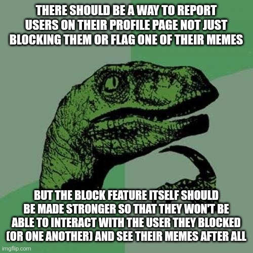 My first suggestion to the mods. Please accept it, it'll make this site better. | There should be a way to report users on their profile page not just blocking them or flag one of their memes; But the block feature itself should be made stronger so that they won't be able to interact with the user they blocked (or one another) and see their memes after all | image tagged in memes,philosoraptor,report,block,suggestion,suggestions | made w/ Imgflip meme maker