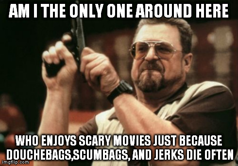 Am I The Only One Around Here | AM I THE ONLY ONE AROUND HERE WHO ENJOYS SCARY MOVIES JUST BECAUSE DOUCHEBAGS,SCUMBAGS, AND JERKS DIE OFTEN | image tagged in memes,am i the only one around here | made w/ Imgflip meme maker