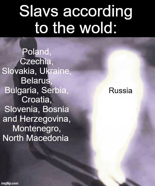RUSSIA ARENT THE SOLVE SLAVIC CONTRY YOU IDIOTS | Slavs according to the wold:; Poland, Czechia, Slovakia, Ukraine, Belarus, Bulgaria, Serbia, Croatia, Slovenia, Bosnia and Herzegovina, Montenegro, North Macedonia; Russia | image tagged in ligth man overshadowing black man | made w/ Imgflip meme maker