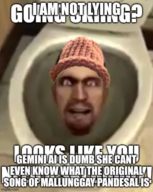ski buddy | I am not lying; Gemini ai is dumb she cant even know what the original song of mallunggay pandesal is | image tagged in ski buddy | made w/ Imgflip meme maker
