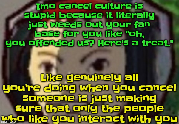 Unless they harass you then it just shows that they're the idiots | Imo cancel culture is stupid because it literally just weeds out your fan base for you like "oh, you offended us? Here's a treat."; Like genuinely all you're doing when you cancel someone is just making sure that only the people who like you interact with you | made w/ Imgflip meme maker