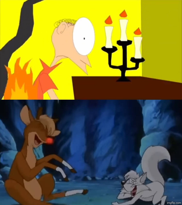 Rudolph and Slyly laugh at Matthew's clothes on fire | image tagged in rudolph and slyly laugh at what,deviantart,non disney,cartoonmania,deviantart week | made w/ Imgflip meme maker