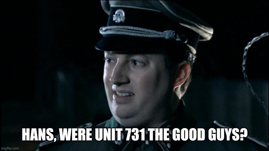Are we the baddies? | Hans, were unit 731 the good guys? | image tagged in are we the baddies | made w/ Imgflip meme maker