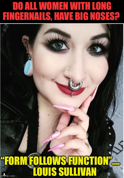 Real reason women have long fingernails | Do all women with long fingernails, have big noses? “Form follows function”….       Louis Sullivan | image tagged in gifs,funny,funny memes,coincidence,coincidence i think not | made w/ Imgflip meme maker