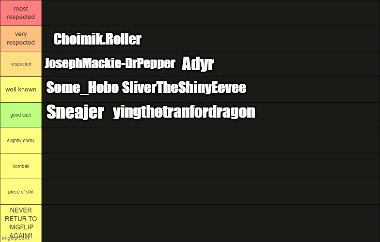 how good are these msmg users tier list | Choimik.Roller; JosephMackie-DrPepper; Adyr; Some_Hobo; SliverTheShinyEevee; yingthetranfordragon; Sneajer | image tagged in how good are these msmg users tier list | made w/ Imgflip meme maker
