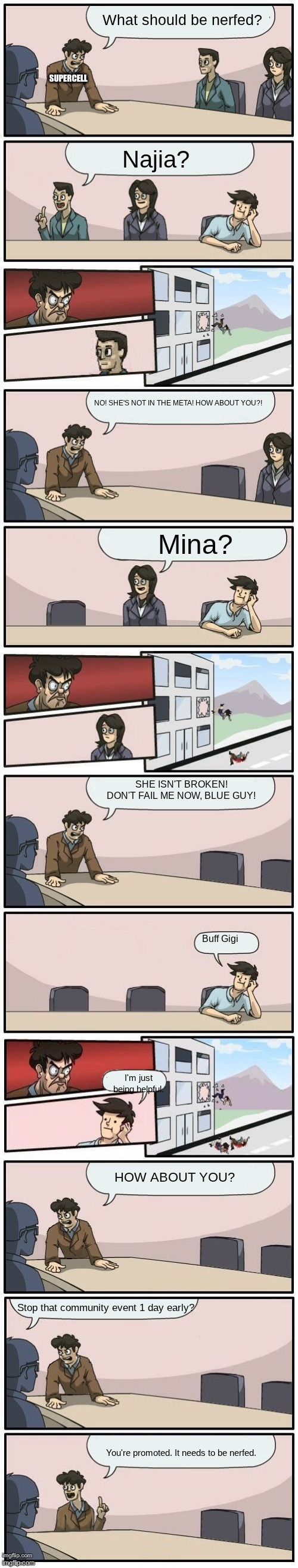 Supercell's desision | What should be nerfed? Supercell; Najia? NO! SHE'S NOT IN THE META! HOW ABOUT YOU?! Mina? SHE ISN'T BROKEN! DON'T FAIL ME NOW, BLUE GUY! Buff Gigi; I'm just being helpful. How about you? Stop that community event 1 day early? You're promoted. It needs to be nerfed. | image tagged in boardroom meeting suggestions extended,brawl stars | made w/ Imgflip meme maker