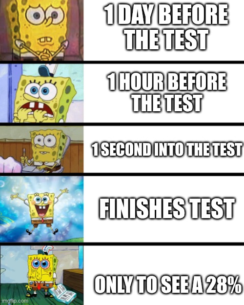 Stressing out!! | 1 day before
the test; 1 hour before
the test; 1 second into the test; Finishes test; Only to see a 28% | image tagged in stressing out | made w/ Imgflip meme maker