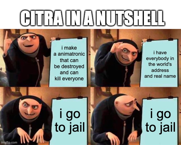 he's going to jail | citra in a nutshell; i make a animatronic that can be destroyed and can kill everyone; i have everybody in the world's address and real name; i go to jail; i go to jail | image tagged in memes,gru's plan,nosey | made w/ Imgflip meme maker