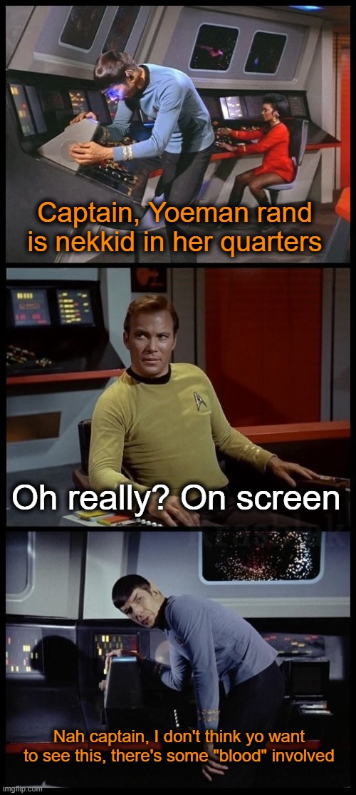 Yoeman Period | Captain, Yoeman rand is nekkid in her quarters; Oh really? On screen; Nah captain, I don't think yo want to see this, there's some "blood" involved | image tagged in star trek 3-panel spock kirk spock | made w/ Imgflip meme maker