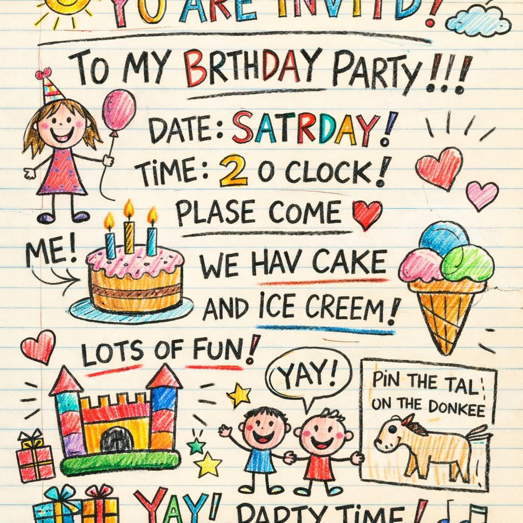 Funny and crooked invitation letter written and drawn by 5 year Blank Meme Template