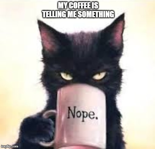 Cat says that his coffee is "talking to him".    --  funny  -- | my coffee is telling me something | image tagged in funny,humor,cat,kittens,coffee,coffee addict | made w/ Imgflip meme maker