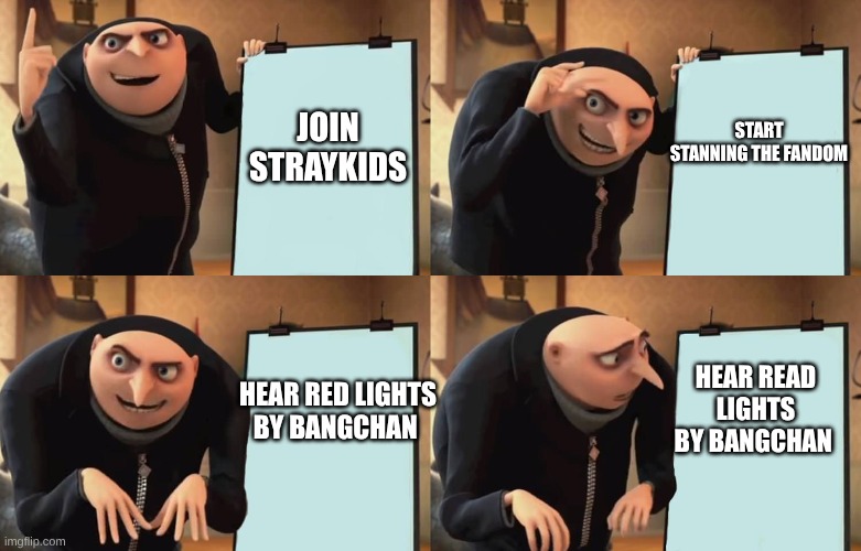 stays will get the meanings | start
stanning the fandom; join
straykids; hear read lights by bangchan; hear red lights by bangchan | image tagged in gru,k-pop,stray kids | made w/ Imgflip meme maker