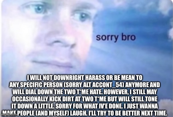 Sorry Bro | I will not downright harass or be mean to any specific person (sorry alt accont_54) anymore and will dial down the two t*me hate. However, I still may occasionally kick dirt at two t*me but will still tone it down a little. sorry for what iv’e done. I just wanna make people (and myself) laugh. I’ll try to be better next time. | image tagged in sorry bro | made w/ Imgflip meme maker