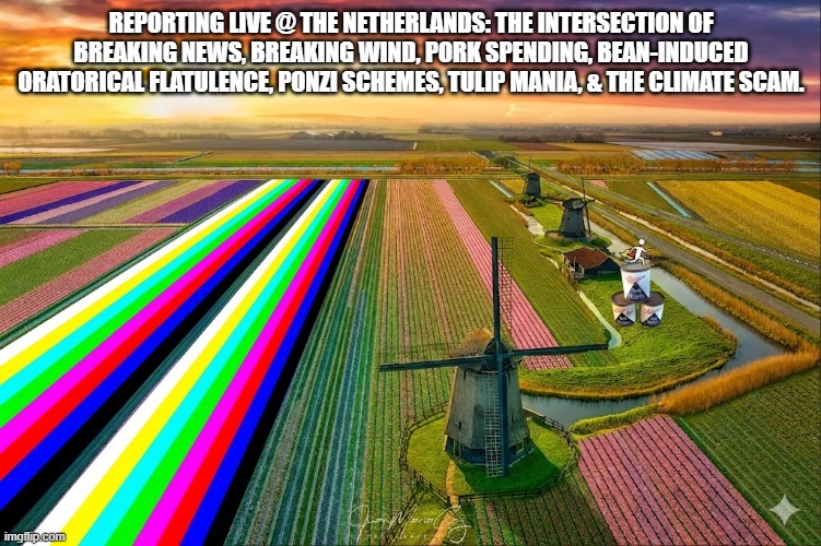 BREAKING: Conditions highly flammable | REPORTING LIVE @ the Netherlands: The intersection of Breaking News, Breaking Wind, Pork Spending, Bean-induced Oratorical Flatulence, Ponzi Schemes, Tulip Mania, & the Climate Scam. | image tagged in fake news,breaking,climate,media,pork and beans,tulip mania | made w/ Imgflip meme maker