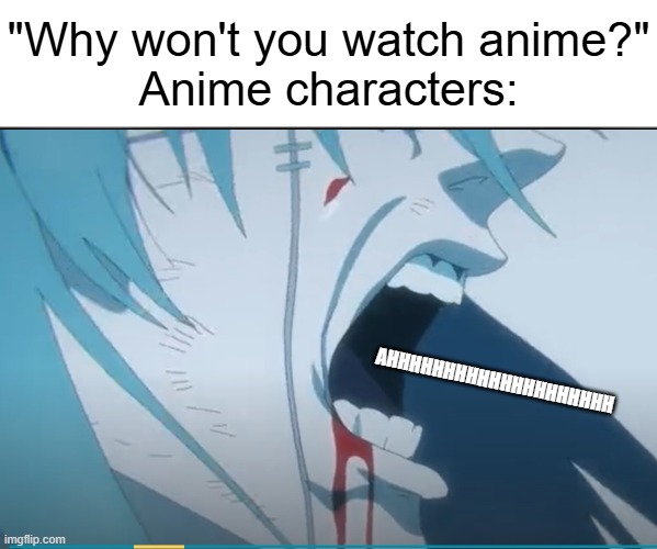 why are all the characters annoying? answer that first | "Why won't you watch anime?"
Anime characters:; ahhhhhhhhhhhhhhhhhhhh | image tagged in anime scream,annoying | made w/ Imgflip meme maker