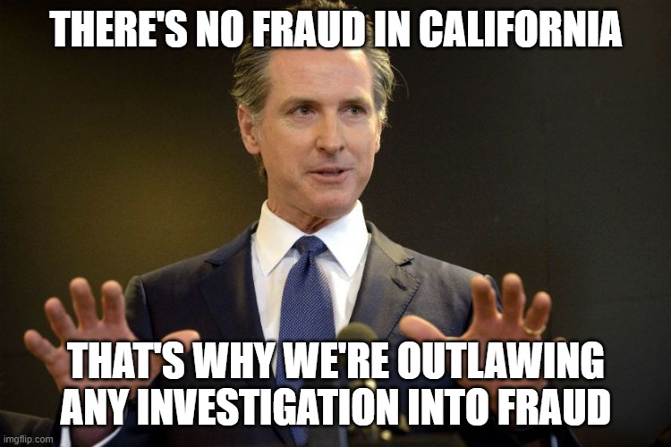 Gov. Gavin Newsom | there's no fraud in California; that's why we're outlawing any investigation into fraud | image tagged in gov gavin newsom | made w/ Imgflip meme maker