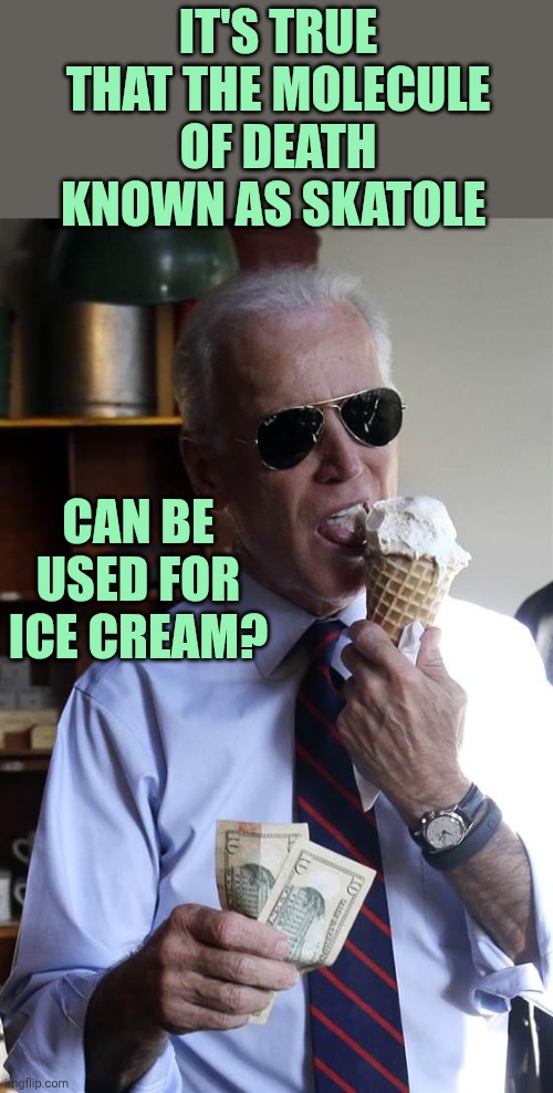 Skatole on Ice cream? | It's true that the molecule of death known as skatole; Can be used for ice cream? | image tagged in joe biden ice cream and cash | made w/ Imgflip meme maker