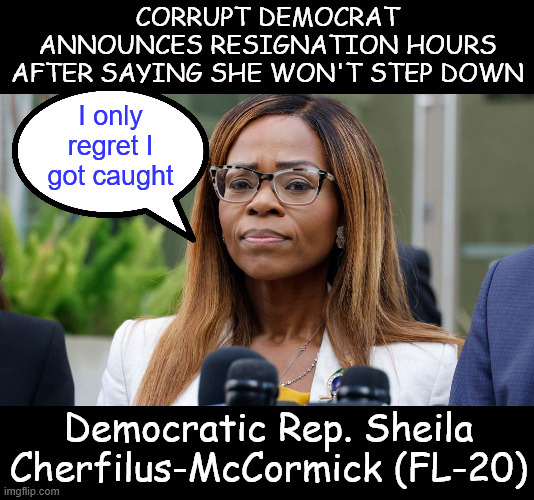 Democrat thief resigns from Congress. | Corrupt Democrat Announces Resignation Hours After Saying She Won't Step Down; I only regret I got caught; Democratic Rep. Sheila Cherfilus-McCormick (FL-20) | image tagged in another crooked dem,resigns | made w/ Imgflip meme maker