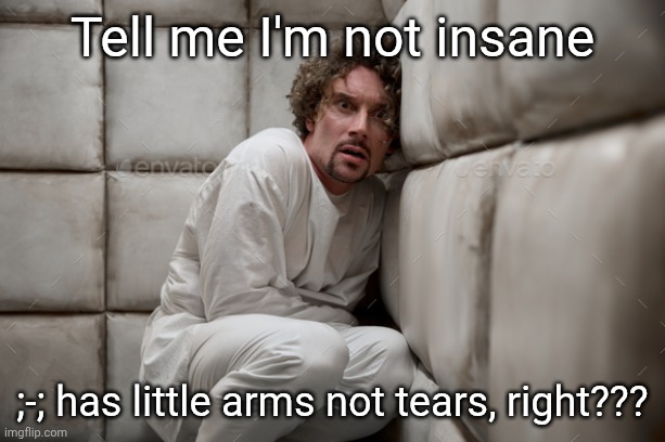 Emoticons might as well be an abstract art at this point | Tell me I'm not insane; ;-; has little arms not tears, right??? | image tagged in man in straight jacket | made w/ Imgflip meme maker