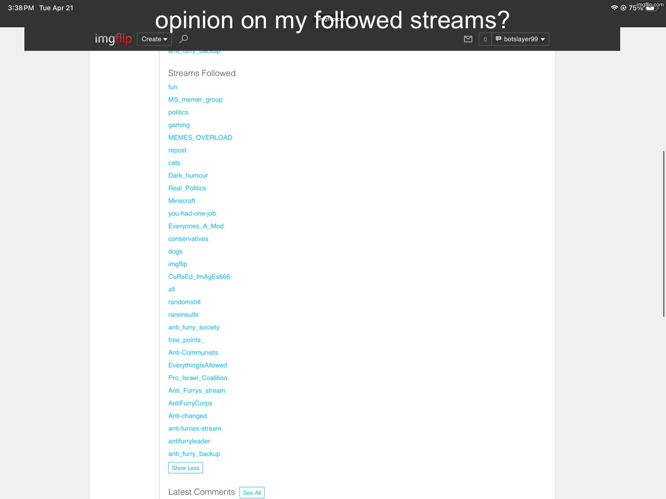 IMG_2570.png | opinion on my followed streams? | image tagged in img_2570 png | made w/ Imgflip meme maker