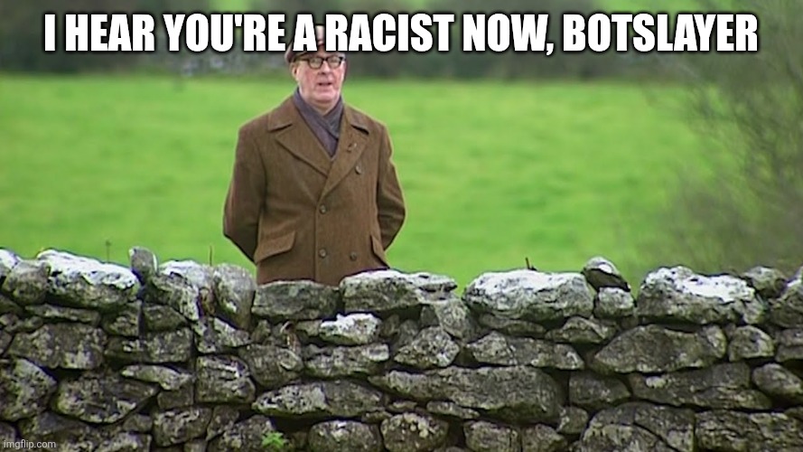 I hear you're a racist now, Father! | I hear you're a racist now, botslayer | image tagged in i hear you're a racist now father | made w/ Imgflip meme maker