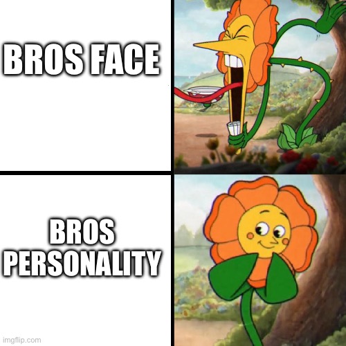 Cuphead Flower | Bros face; Bros personality | image tagged in cuphead flower | made w/ Imgflip meme maker