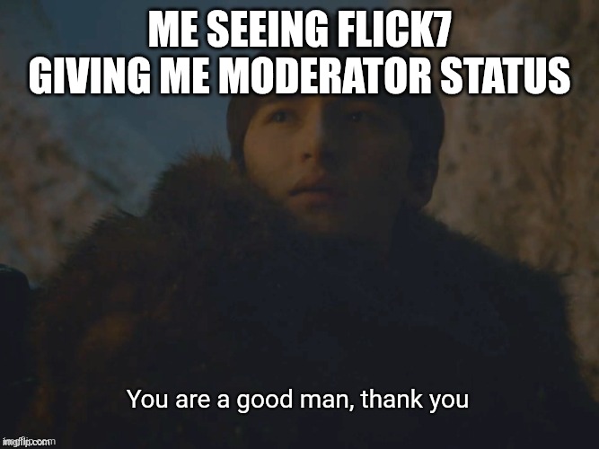 Thank you so much! | Me Seeing Flick7 giving me Moderator Status | image tagged in you are a good man thank you | made w/ Imgflip meme maker