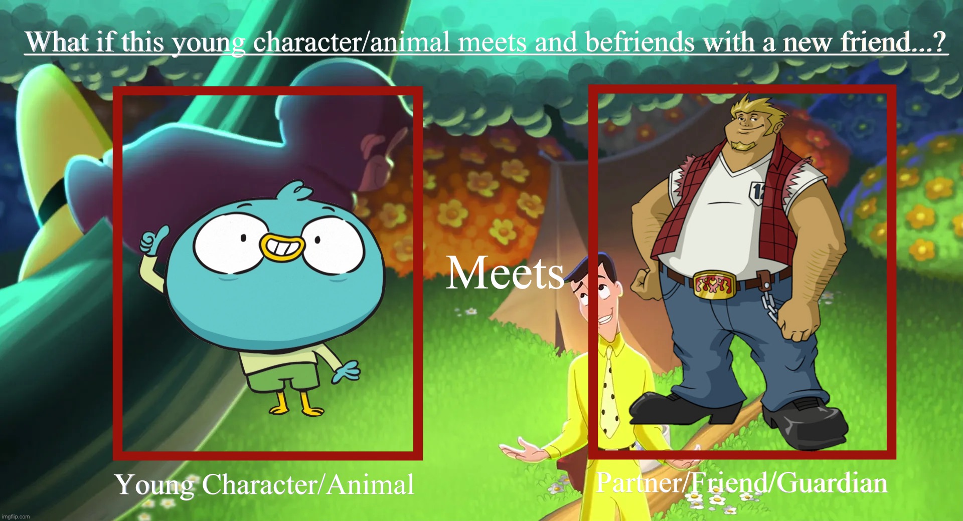 What if Harvey Beaks Meets Harold Cooplowski | image tagged in cg friendship meeting cast 1st meme of 2025,megas xlr,harvey beaks,curious george,bird,meeting | made w/ Imgflip meme maker