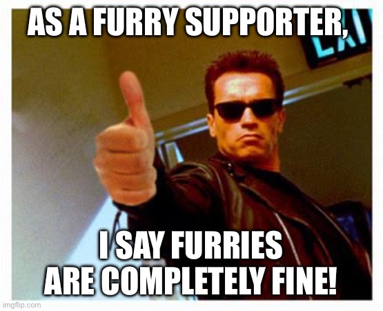 furries are completely fine | As a furry supporter, I say furries are completely fine! | image tagged in terminator thumbs up | made w/ Imgflip meme maker