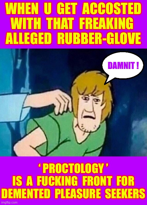 Are U As Frightened As Me ???  : ) | When  u  get  accosted 
with  that  freaking 
Alleged  rubber-glove; Damnit ! ‘ Proctology ’
Is  a  fucking  front  for
Demented  Pleasure  seekers | image tagged in scooby doo shaggy | made w/ Imgflip meme maker