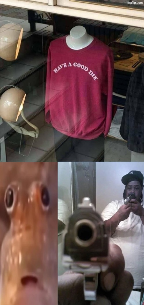 Have A Good Die? | image tagged in dafuq did i just read,guess i'll die,design fails,gun,you had one job,funny memes | made w/ Imgflip meme maker