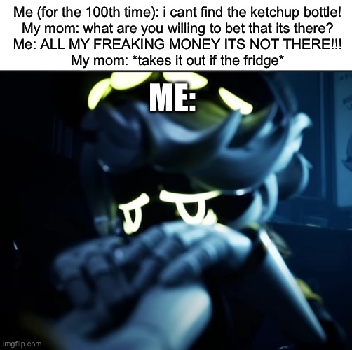 Ketchup bottles | Me (for the 100th time): i cant find the ketchup bottle!
My mom: what are you willing to bet that its there?
Me: ALL MY FREAKING MONEY ITS NOT THERE!!!
My mom: *takes it out if the fridge*; Me: | image tagged in depressed n | made w/ Imgflip meme maker