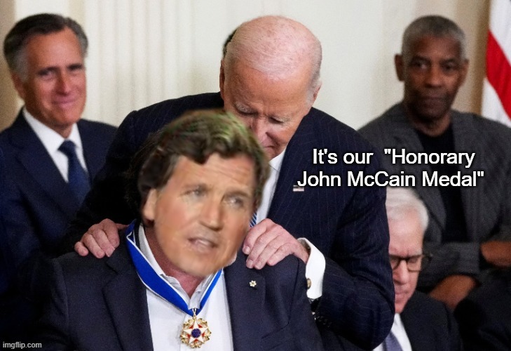 Liz Warren and MTG let another chick into the sorority | image tagged in tucker john mccain award biden meme | made w/ Imgflip meme maker