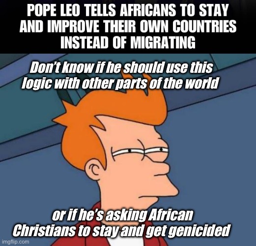 What an odd thing to say | Don’t know if he should use this logic with other parts of the world; or if he’s asking African Christians to stay and get genicided | image tagged in memes,futurama fry,politics,irony | made w/ Imgflip meme maker