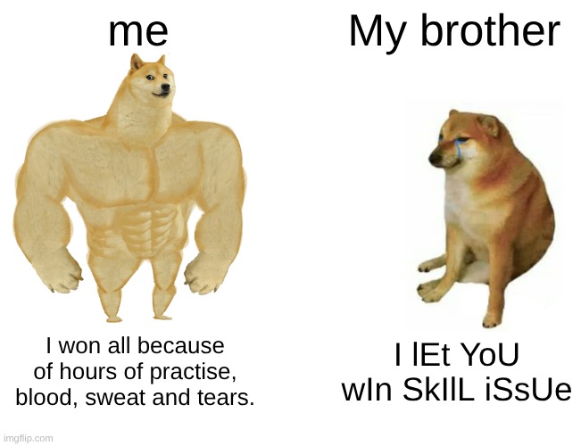 my older brother denies my skill every day. | me; My brother; I won all because of hours of practise, blood, sweat and tears. I lEt YoU wIn SkIlL iSsUe | image tagged in memes,buff doge vs cheems | made w/ Imgflip meme maker