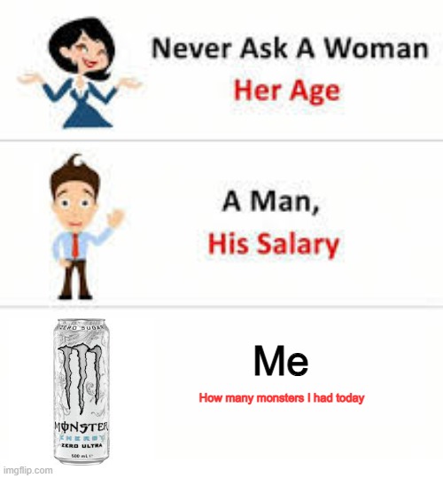 Real | Me; How many monsters I had today | image tagged in never ask a woman her age | made w/ Imgflip meme maker