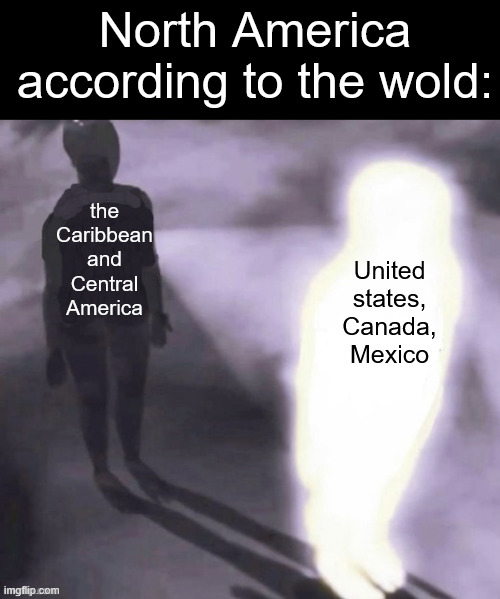 hmm yes north america omly 3 contries | North America according to the wold:; the Caribbean and Central America; United states, Canada, Mexico | image tagged in light man overshadowing black man,geography | made w/ Imgflip meme maker